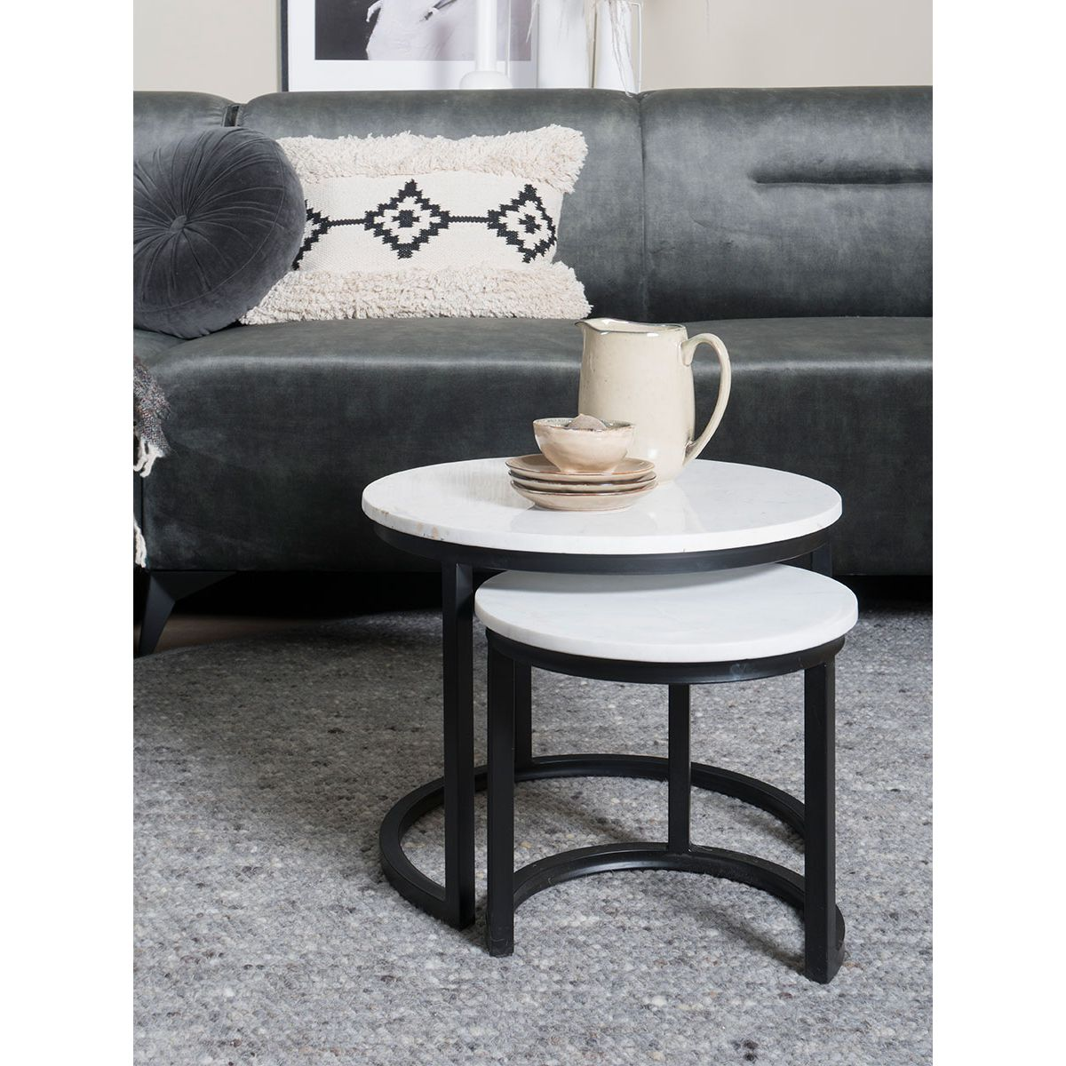 Salontafel Jasmin Marmer - Set van 3 Wit/Zwart