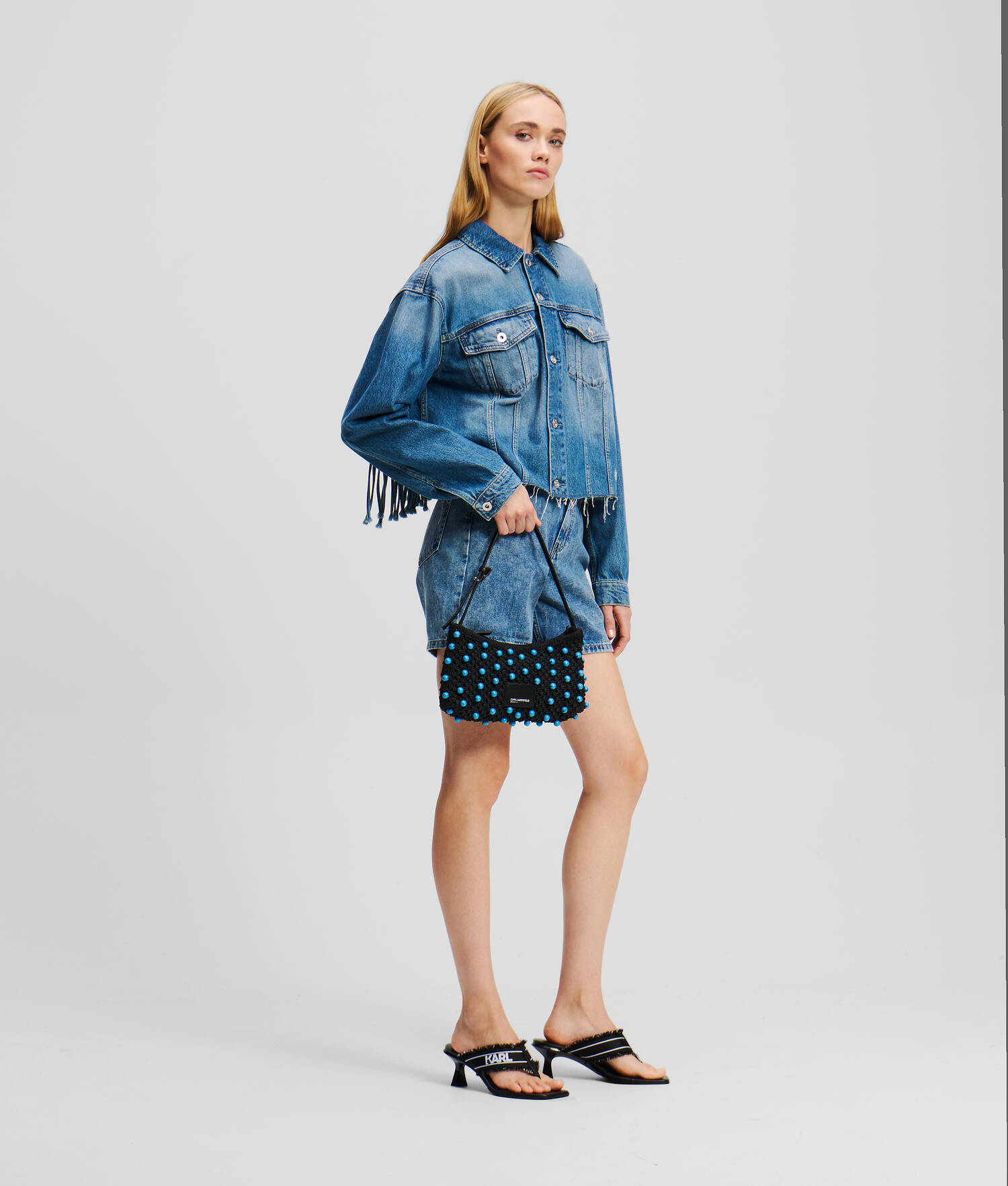 VESTE EN DENIM À FRANGES DÉCONTRACTÉE - Bleu moyen lavé à la pierre