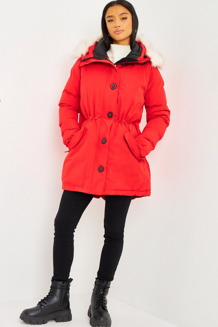 Parka rouge mi-longue à capuche fourrure blanche