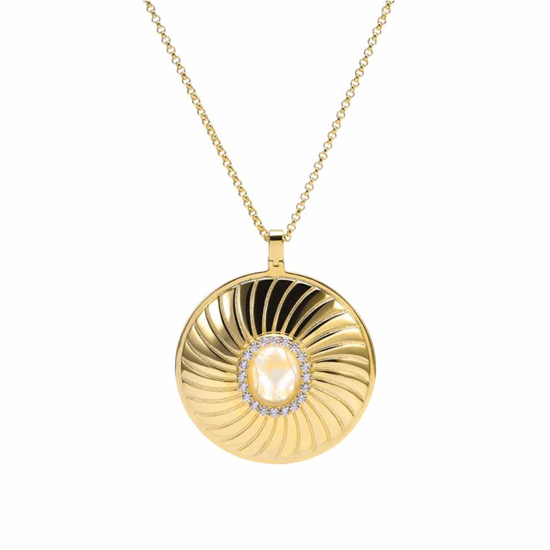 Collier Médaillon Argent Doré élisabeth Pierre Nacre Blanche