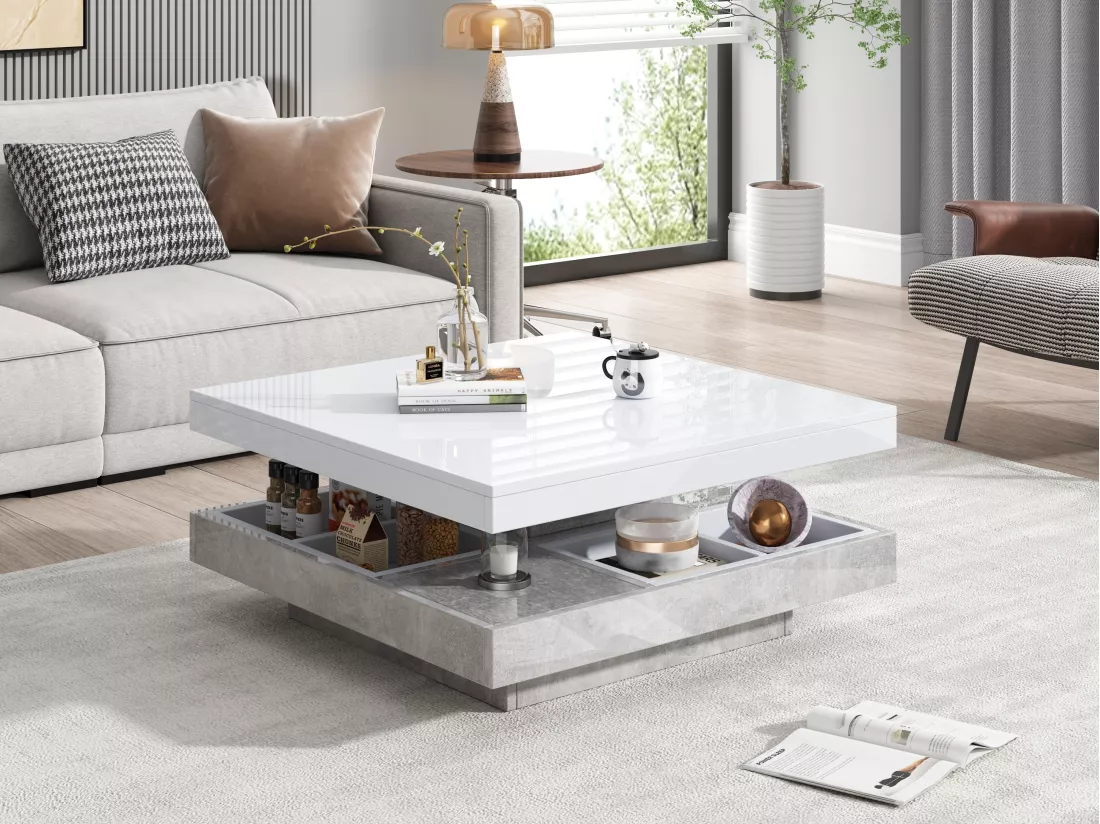 Table basse avec rangements 70x70x36 cm - plateau brillant orientable à 360° - Blanc & Gris