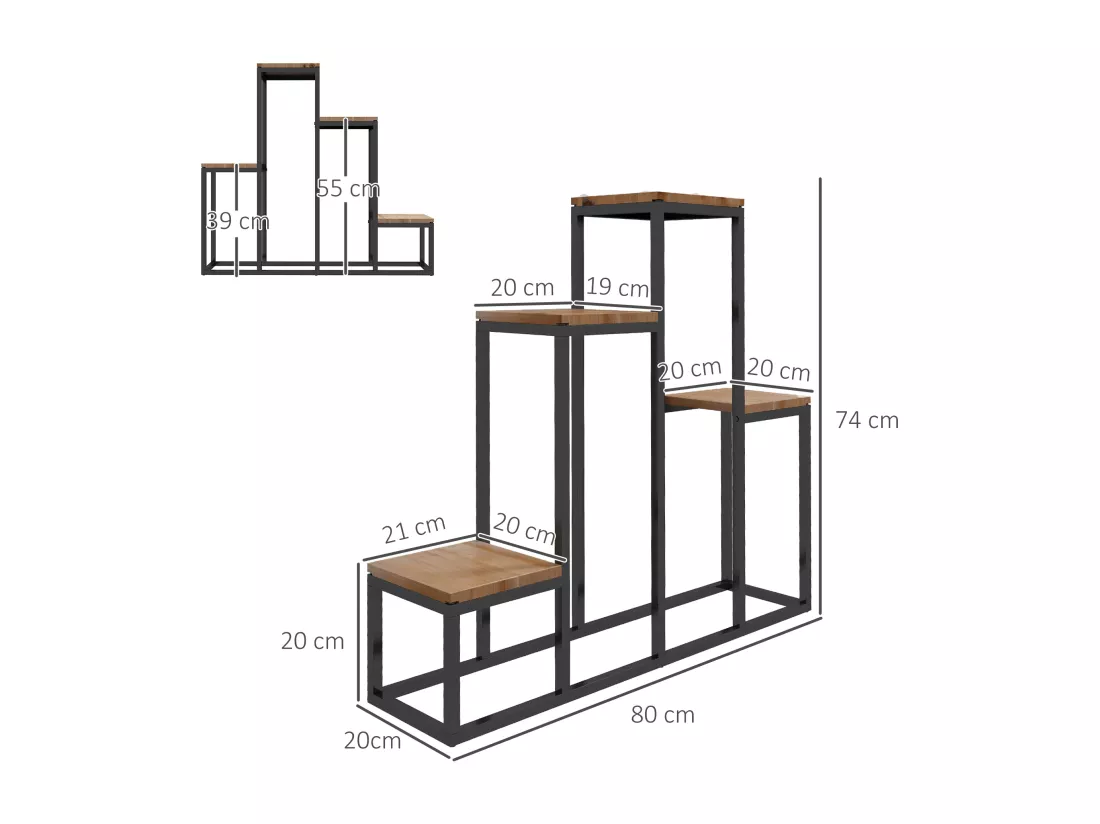 Porte-plantes style industriel 4 étagères - dim. 80L x 20l x 74H cm - acier noir bois sapin verni