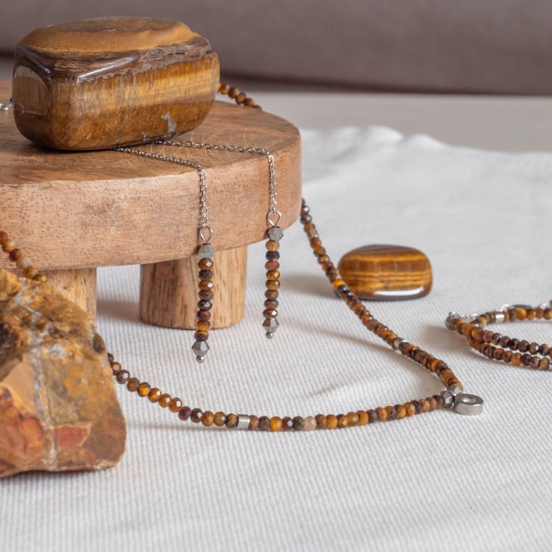 Collier, bracelet et boucles d'oreilles Lumia en pierres Oeil de Tigre