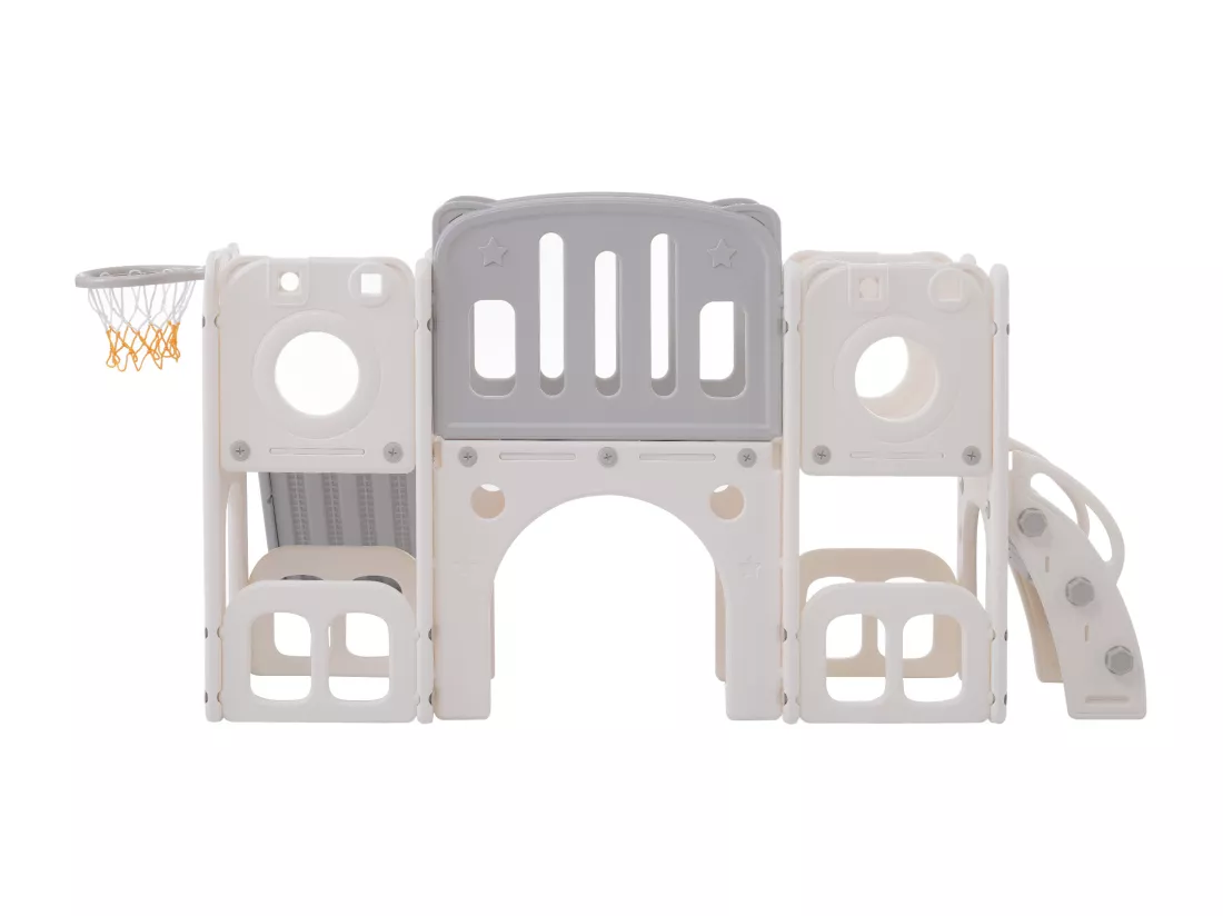 Toboggan 6 en 1 en PEHD pour enfant, avec plate-forme, escalier, 2 zondes de rangement, arcade, panier de basket, gris
