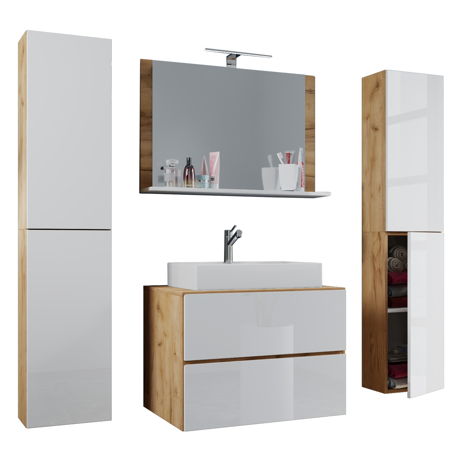 5-teiliges Badmöbel-Set LENDAS XL - weiß - Honig Eiche - 80 cm