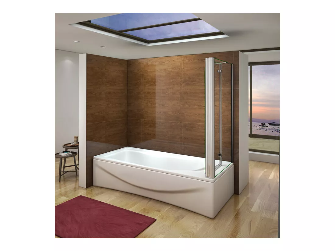 Pare-baignoire pivotant et pliant 100x140cm avec paroi fixe 75x140cm, paroi de baignoire en 6mm verre de sécurité