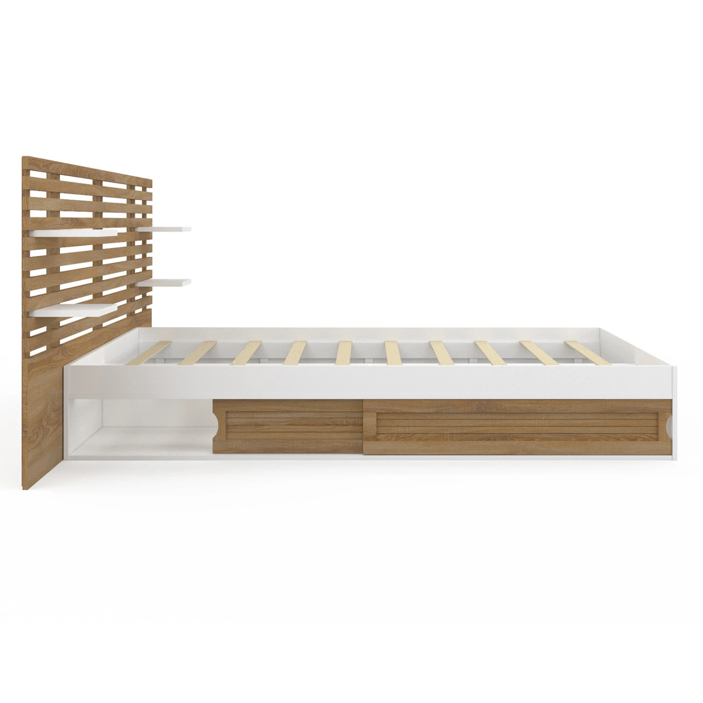 Lit double SAVANA avec tête de lit, chevets, rangements et sommier 140 x 190 cm hêtre et portes blanches