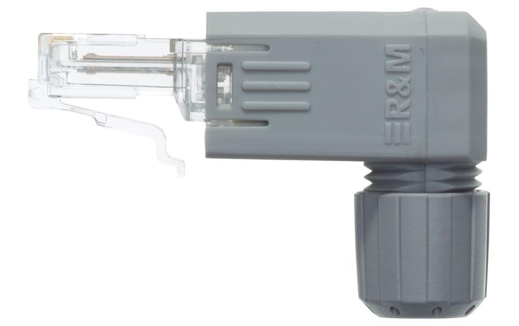 Stecker FM45 Cat. 5e, 90°, 1 Stück, GrauFeldkonfektionierbarer RJ45 Stecker mit 90° abgewinkeltem Gehäuse