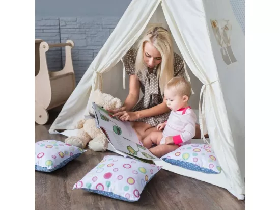 Tipi enfant toile et pin avec coussins de sol Alba