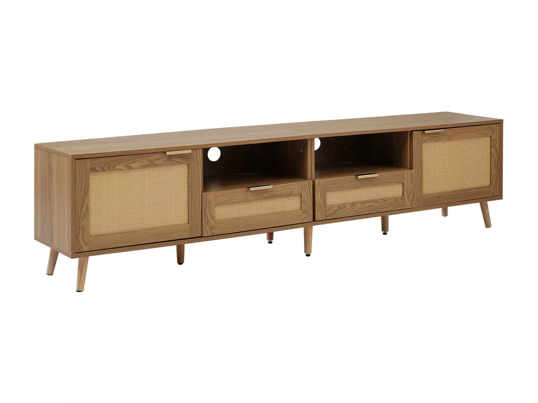 Meuble TV en rotin tressé pieds en bois massif 200*37*49cm TORQEOLS