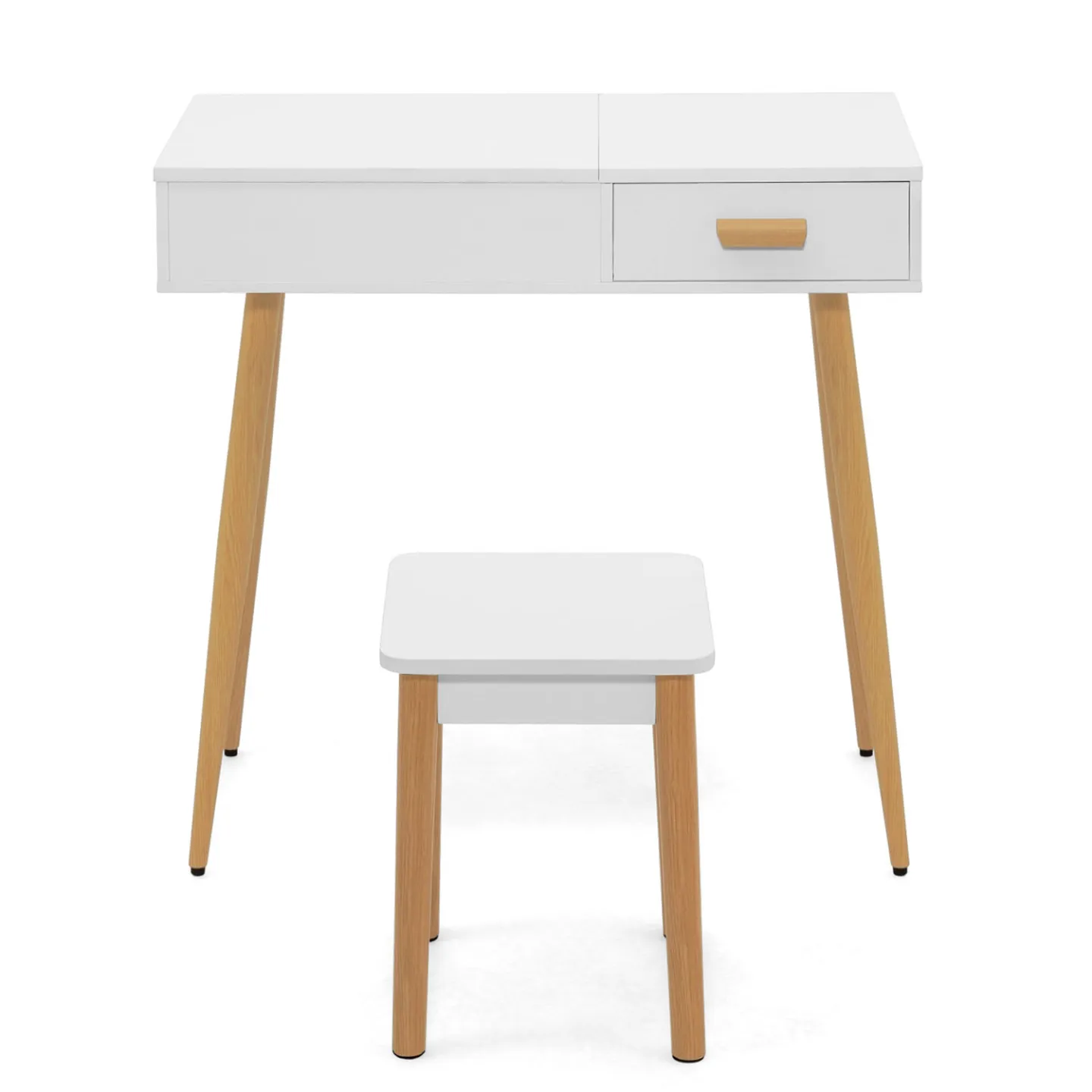 Coiffeuse scandinave LISA blanche miroir rabattable LED et tabouret