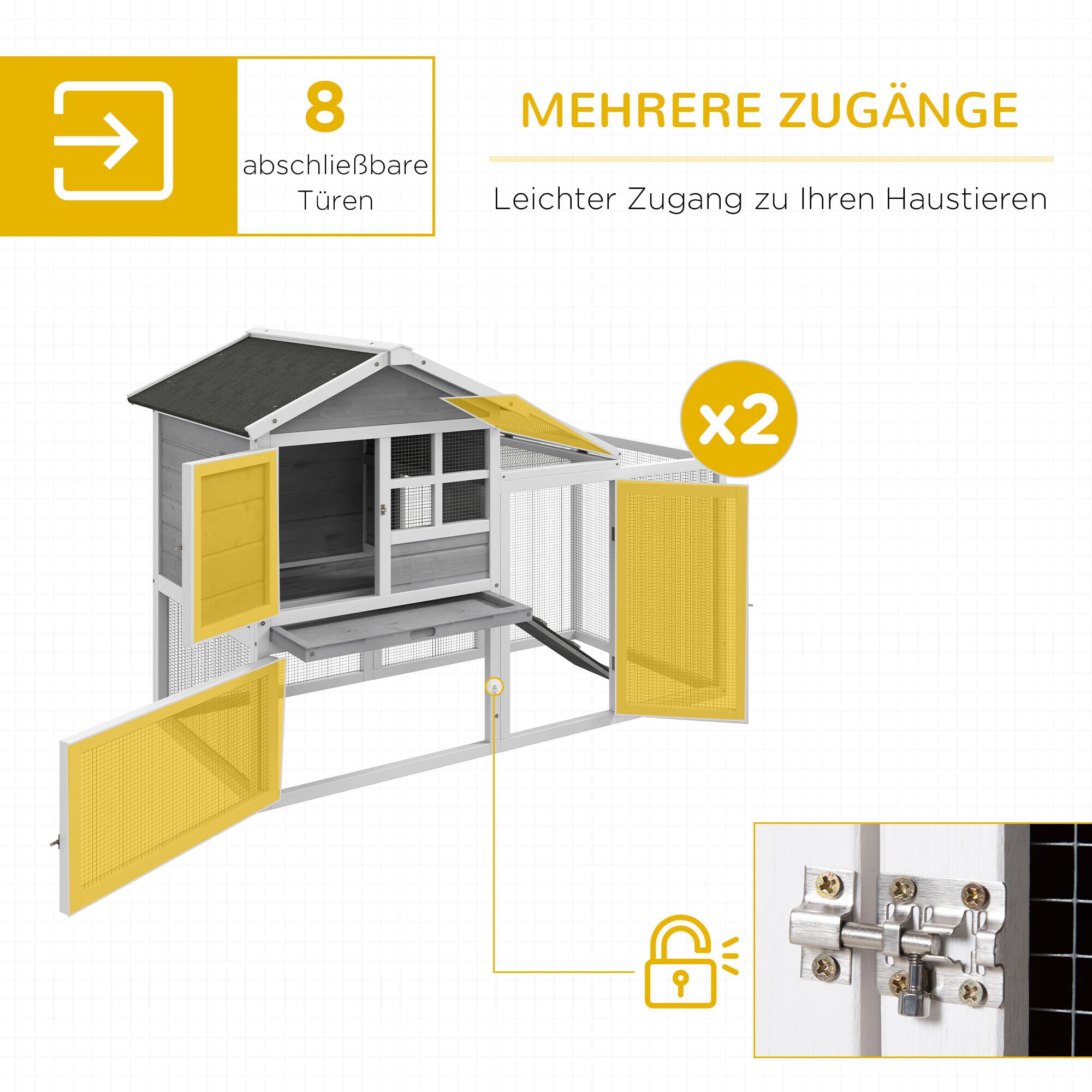 PawHut Kaninchenstall mit herausnehmbarer Bodenwanne grau, weiß 259L x 64B x 92H cm