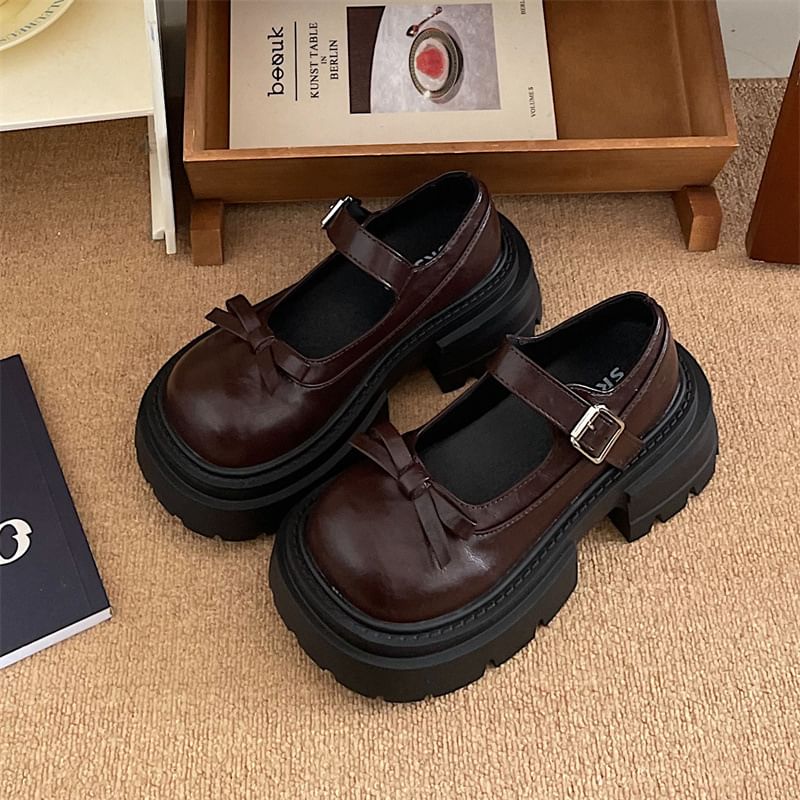 telijimi - Platform Mary Jane-schoenen met strikaccent en imitatieleer