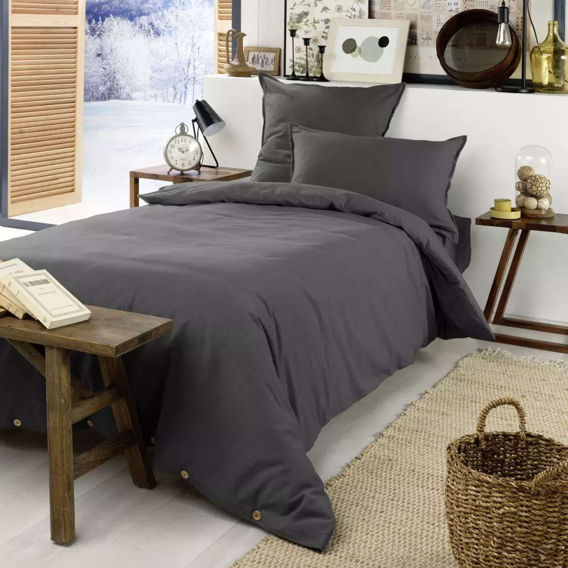 Drap housse flanelle de coton (90 x 190 cm) Théa Gris anthracite