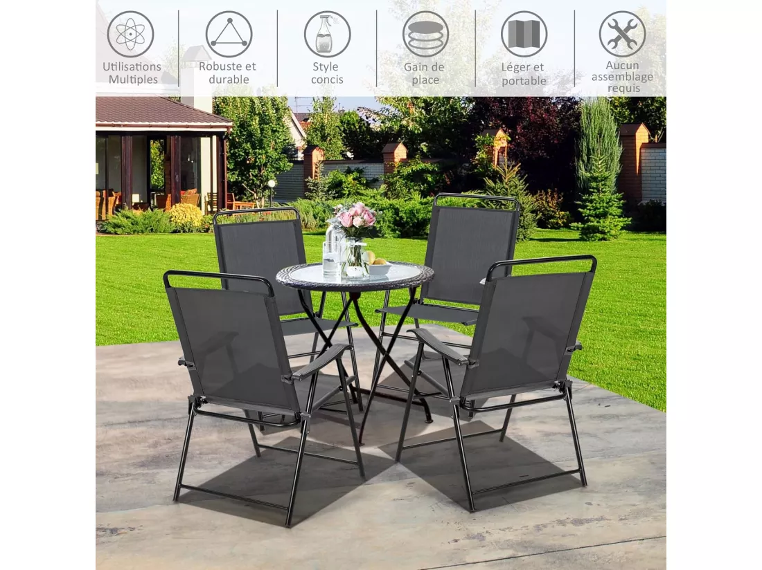 Lot de 4 Chaises de Jardin Pliantes, Chaises d'Extérieur avec Cadre en Métal et Repose-Pieds Antidérapants, Fauteuil de Jardin en Tissu et velours Respirant pour Toutes Saisons, Charge 150 KG(Gris)