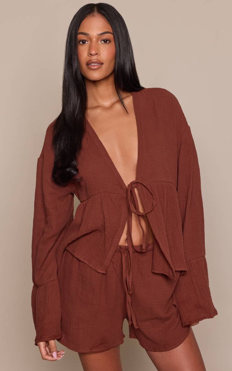 Chocolat Blouse Coordonnée Haute En Gaze De Coton Avec Lien Noué Devant