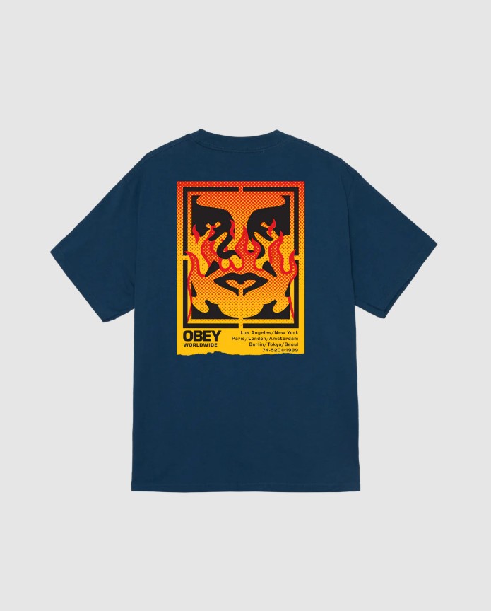 Obey Obey Icon Stencil Flame Tee Harbor Blue