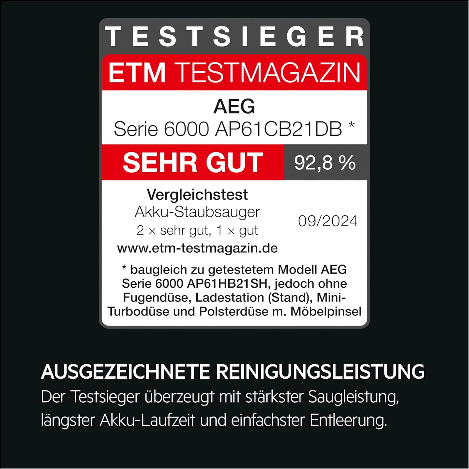 AEG 6000 Akku-Staubsauger, 103.000 U/Min, 175.000 dPa, Digitalmotor, Testsieger ETM Testmagazin, Kabellos, bis zu 99 Prozent Staubaufnahme, 40Min Laufzeit, Entnehmbarer 21,6V Akku, Leicht, AP61CB21DB