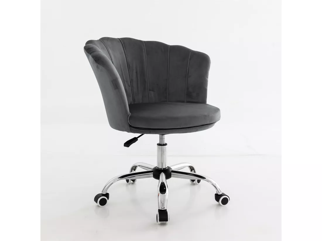 Fauteuil de Bureau en Velours avec 5 Roues Universelles, Chaise de Coiffeuse avec Hauteur Réglable, Chaise Salon Rembourrée Pivotante, Forme de Coquillage, pour Salon, Chambre, Bureau (Gris)