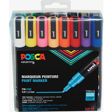 Posca PC3M tuscher 16-pak - standardfarver