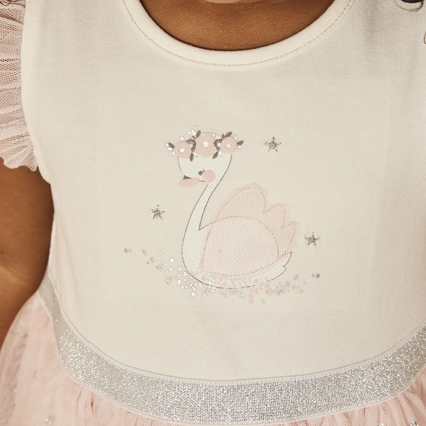 Ensemble 2 pièces robe bi-matière + bandeau pour bébé fille - Ecru