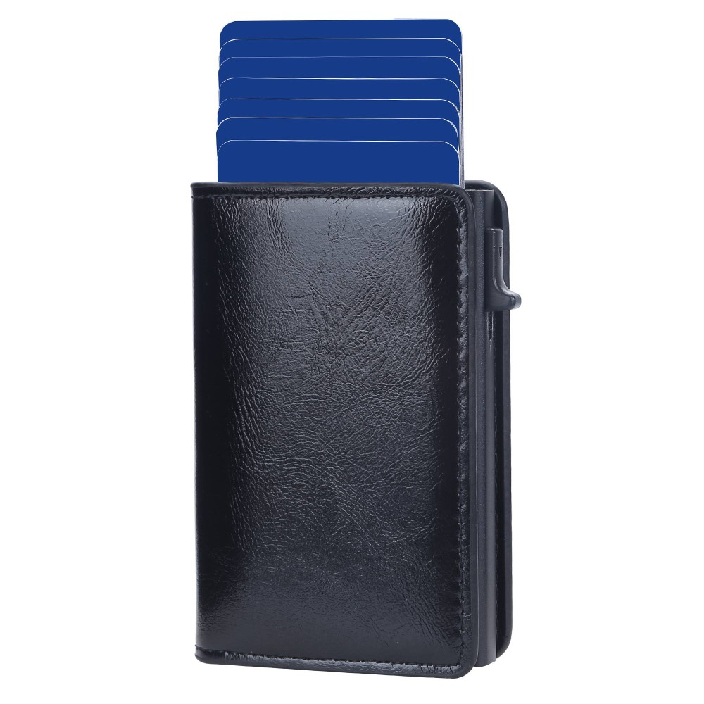 Mini Kreditkarten Leder Etui Geldbörse mit Kartenauswurf-Mechanismus für 10 Karten (RFID Schutz) - Schwarz