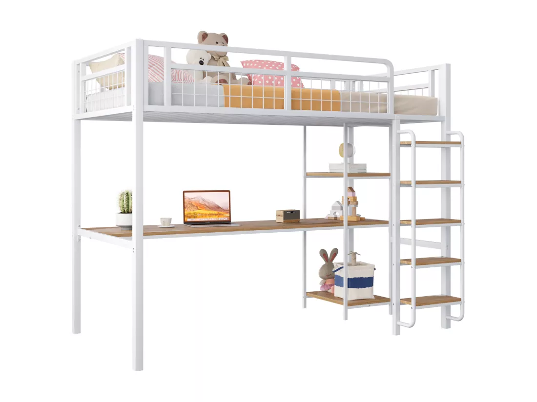 Lit mezzanine en métal 90x200 cm - avec bureau et échelle de sécurité - Blanc