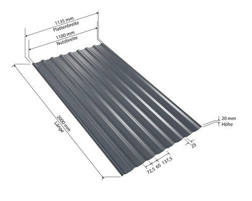 Trapeziumplaat W20 antracietgrijs RAL 7016 2000 mm x 1135 mm x 0,5 mm