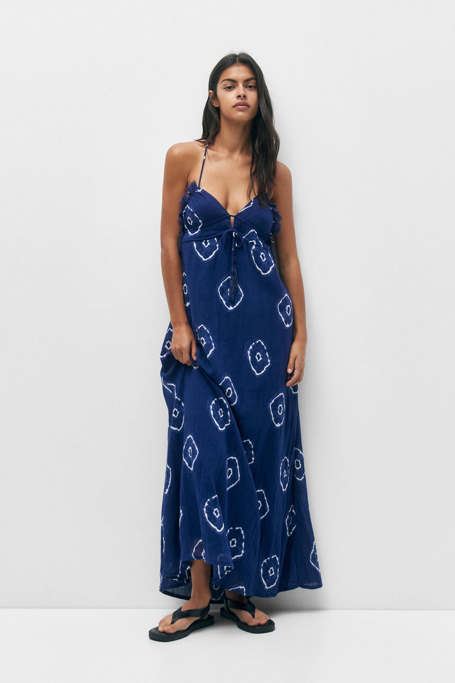 VESTIDO LONGO RÚSTICO COM DECOTE ALÇA - AZUL