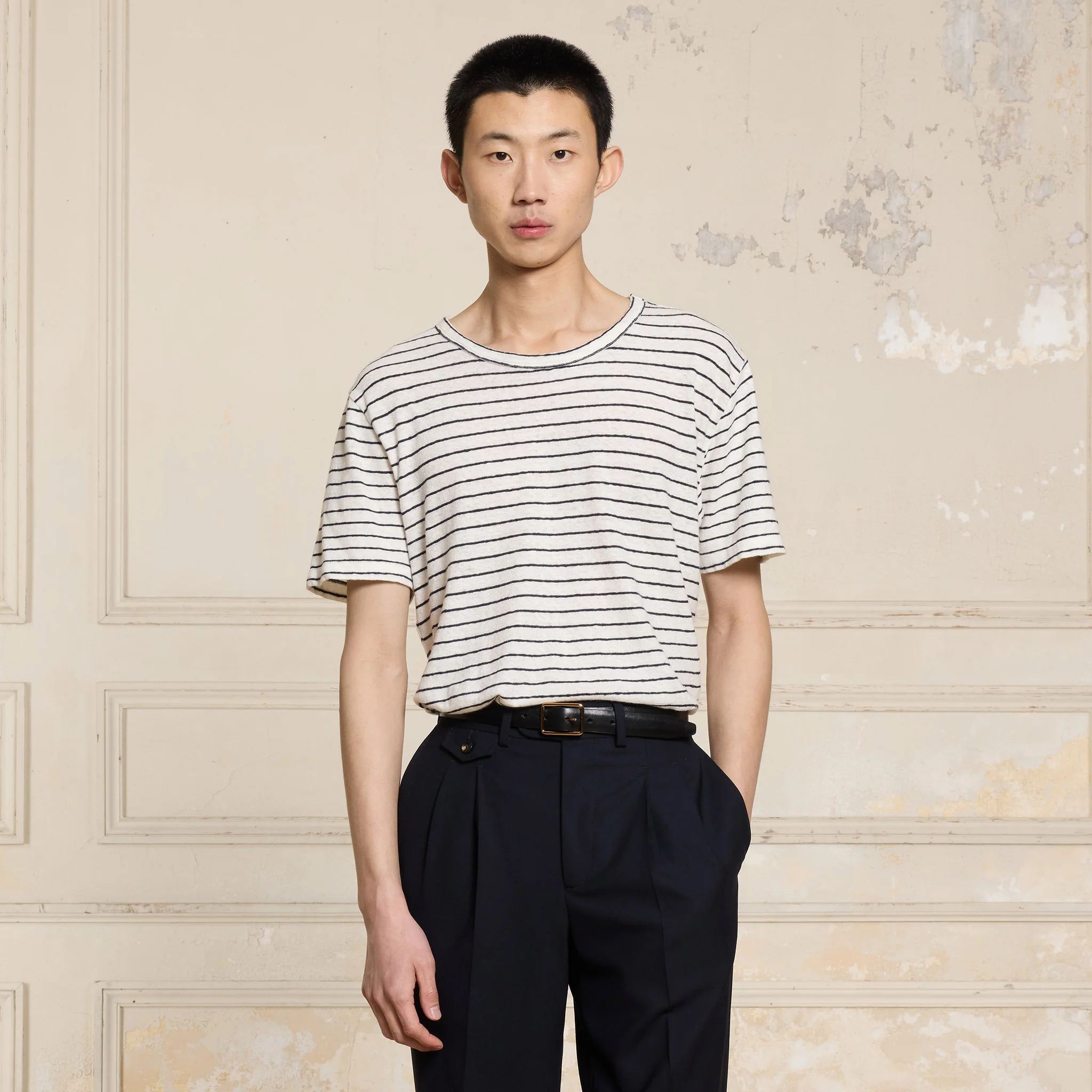 Ecru cotton and linen T-shirt with navy stripes