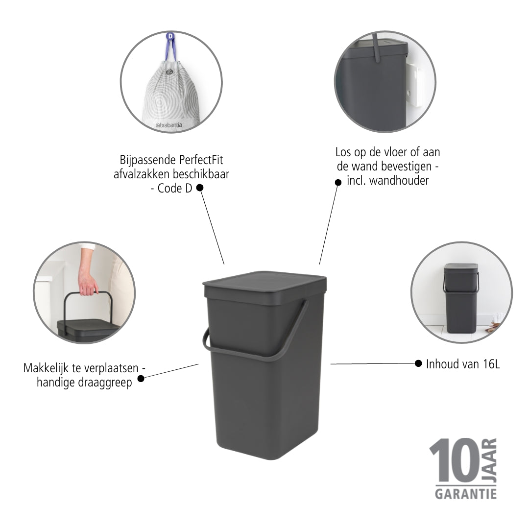 Brabantia Sort & Go Afvalemmer / Opberger 16 L - Donkergrijs