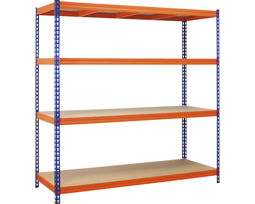 Robus 400 heavy-duty stellingkast, blauw/oranje, 180x180x60 cm, 4 houten planken, draagvermogen 1600 kg