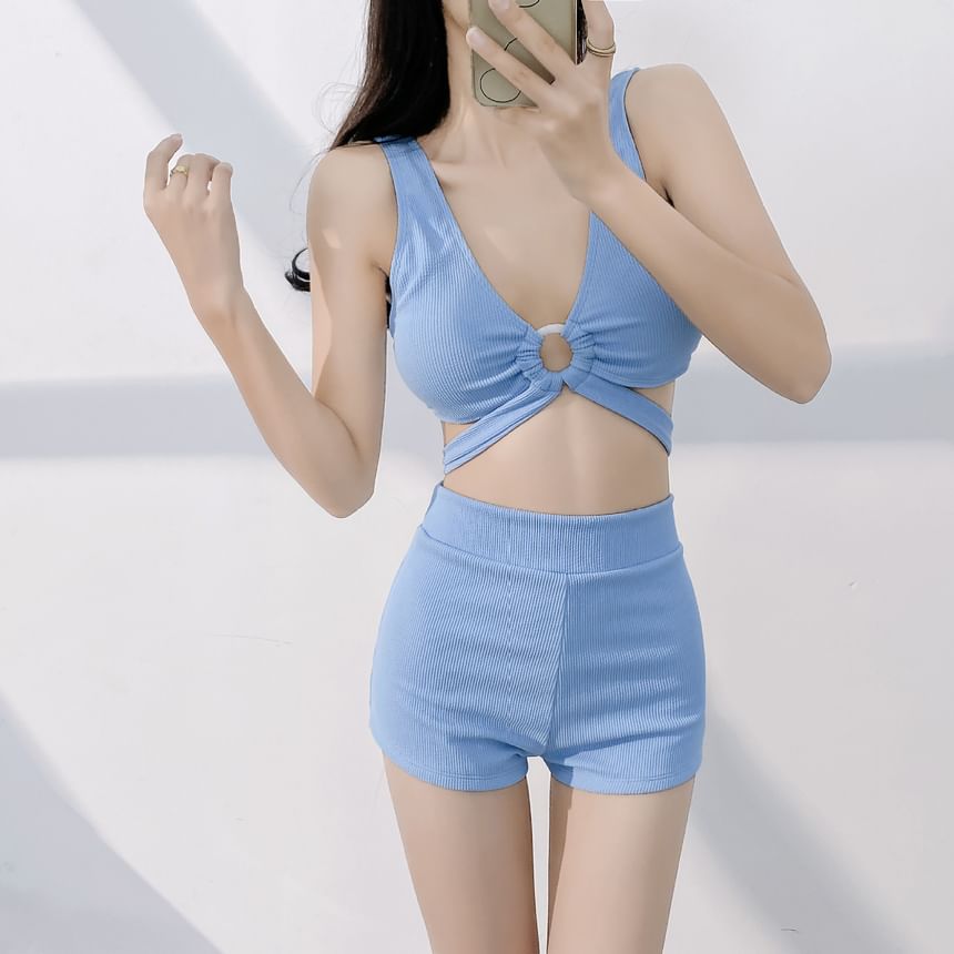 Oceanid - Set: Effen bikini + zwemshort met hoge taille