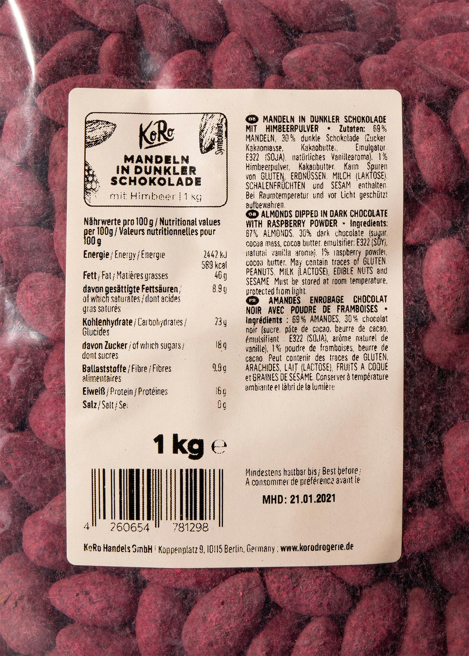 Skinny Dipped Mandeln in dunkler Schokolade mit Himbeerpulver 1 kg