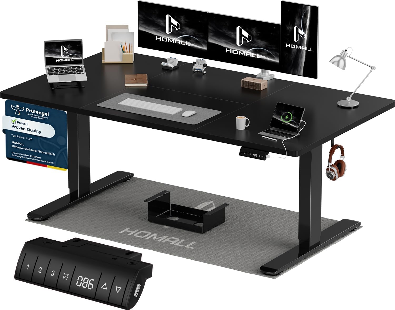Homall Höhenverstellbarer Schreibtisch 160x80cm mit USB-A Ladeanschluss, Elektrischer Schreibtisch mit Kabel Management Tray, Standing Desk mit 3 Memory Funktion, Computertisch Schwarz
