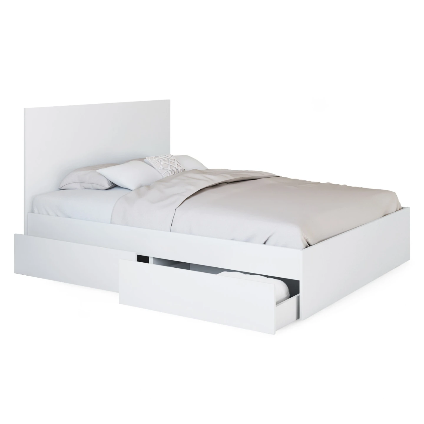 Lit double OMAHA 4 tiroirs sur roulettes avec tête de lit et sommier 140 x 190 cm blanc