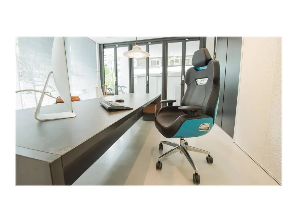 Thermaltake ARGENT E700 - Stol - ergonomisk - høj ryg - armstøtter - T-formet - vippe - drejeled - aluminiumlegering, perforeret læder, højdensistets støbt skum - sort, Oceanblå