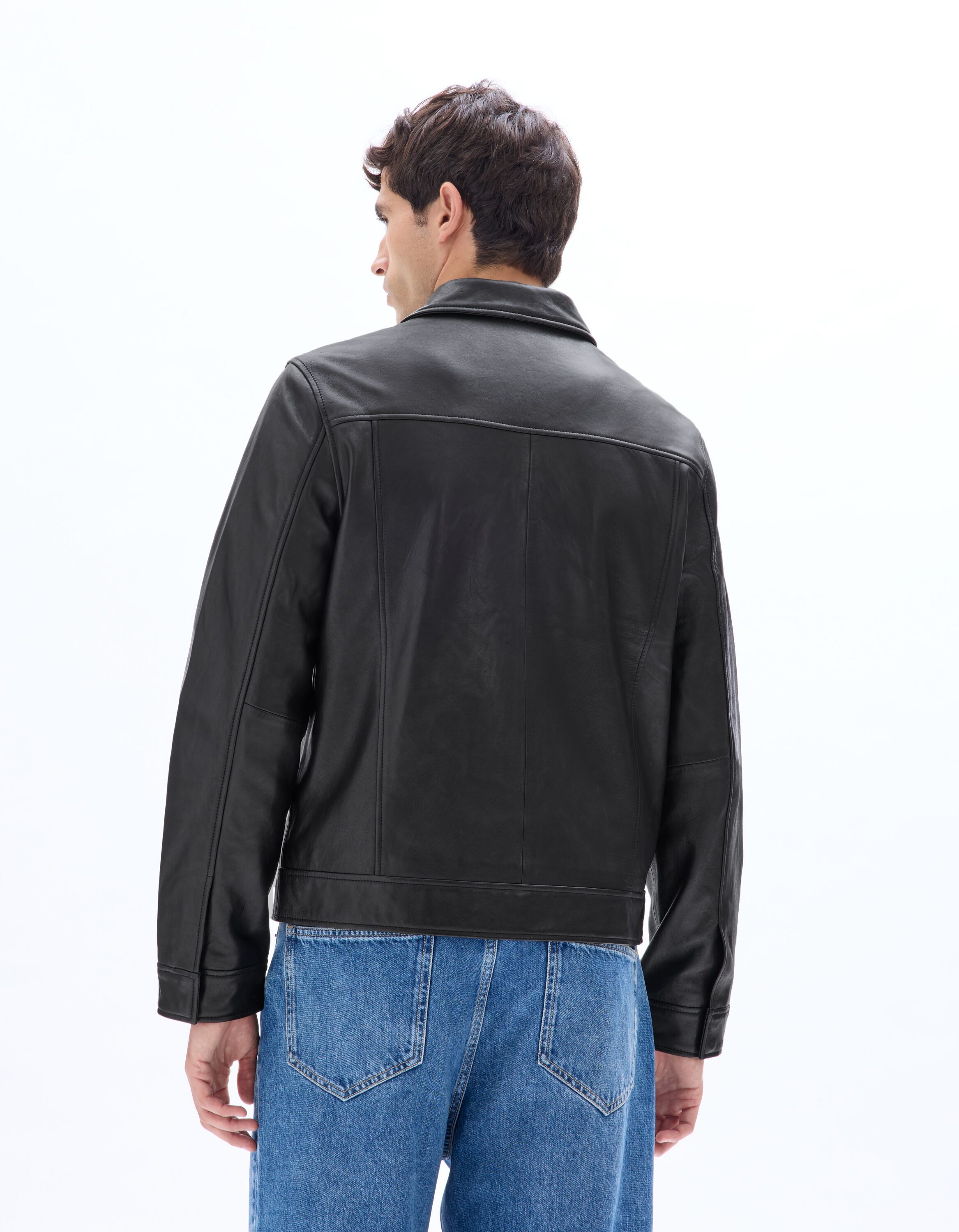 Blouson en cuir col chemise - noir