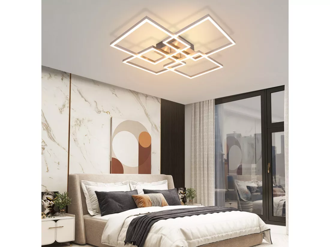 NETTLIFE Plafonnier LED Chambre Argent Dimmable 64CM 36W Géométrique Salon avec Télécommande