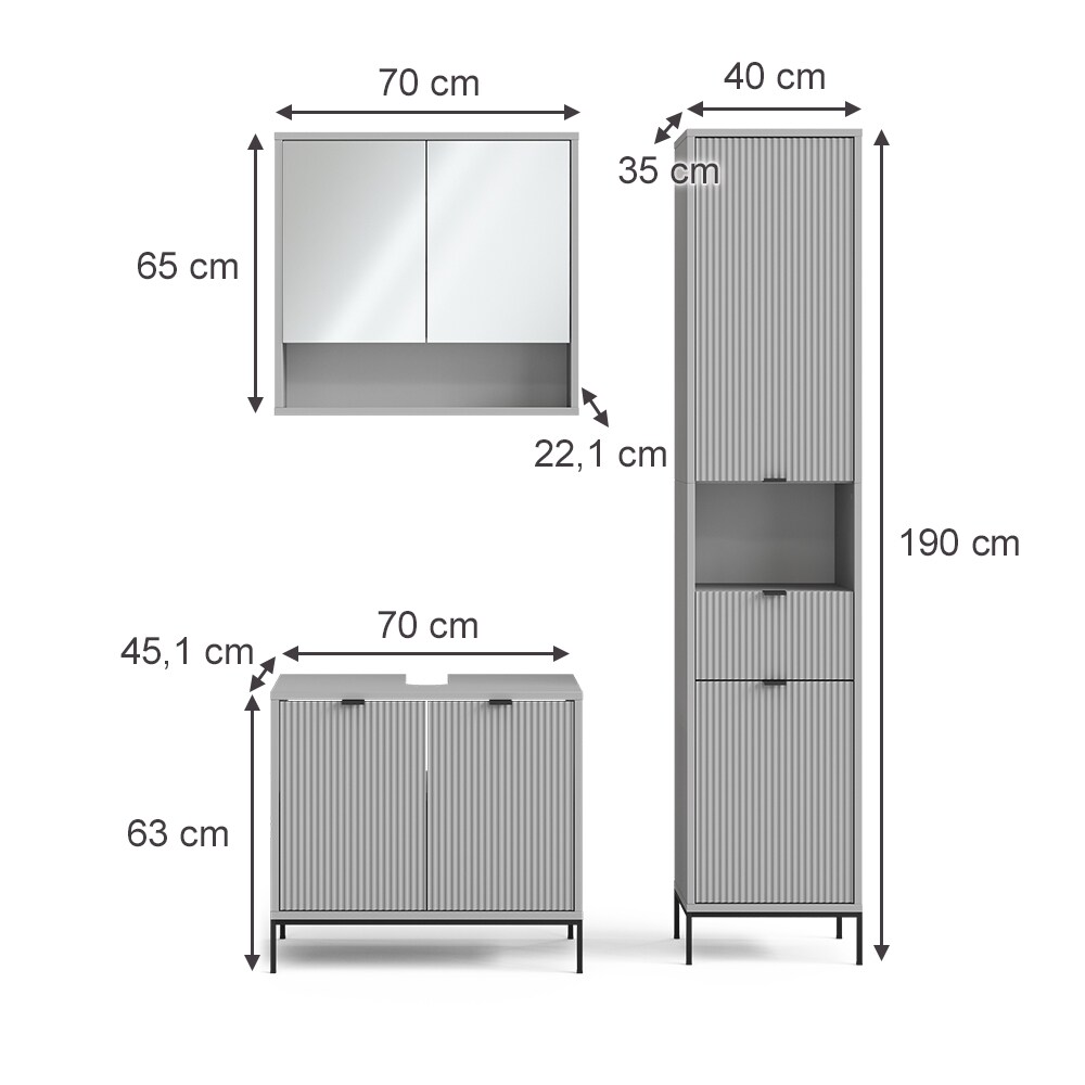 Vicco Badmöbel-Set Eliza, Grau, Badezimmer, moderne Badserie, extravagante Fronten, Waschtischunterschrank, Spiegelschrank, Hochschrank