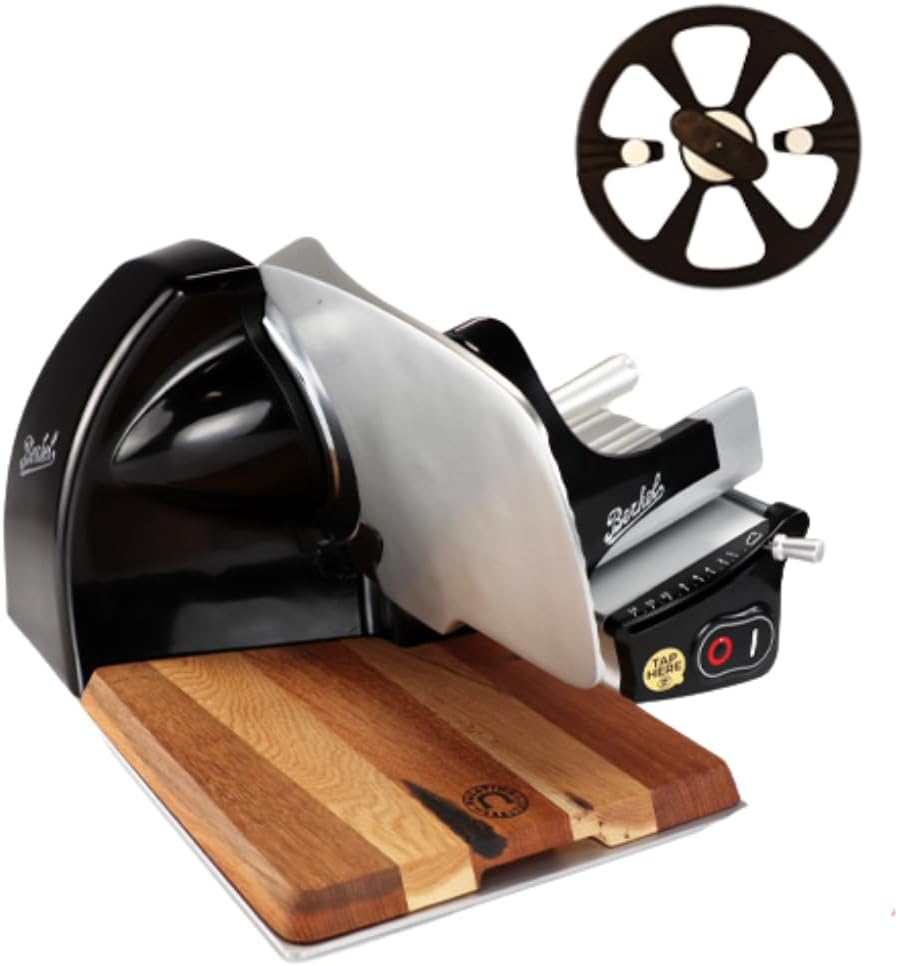 Berkel Aufschnittmaschine - Home Line 200 Plus - Elektrische Schneidemaschine in schwarz + 100% handgefertigtes Schneidebrett Unikat