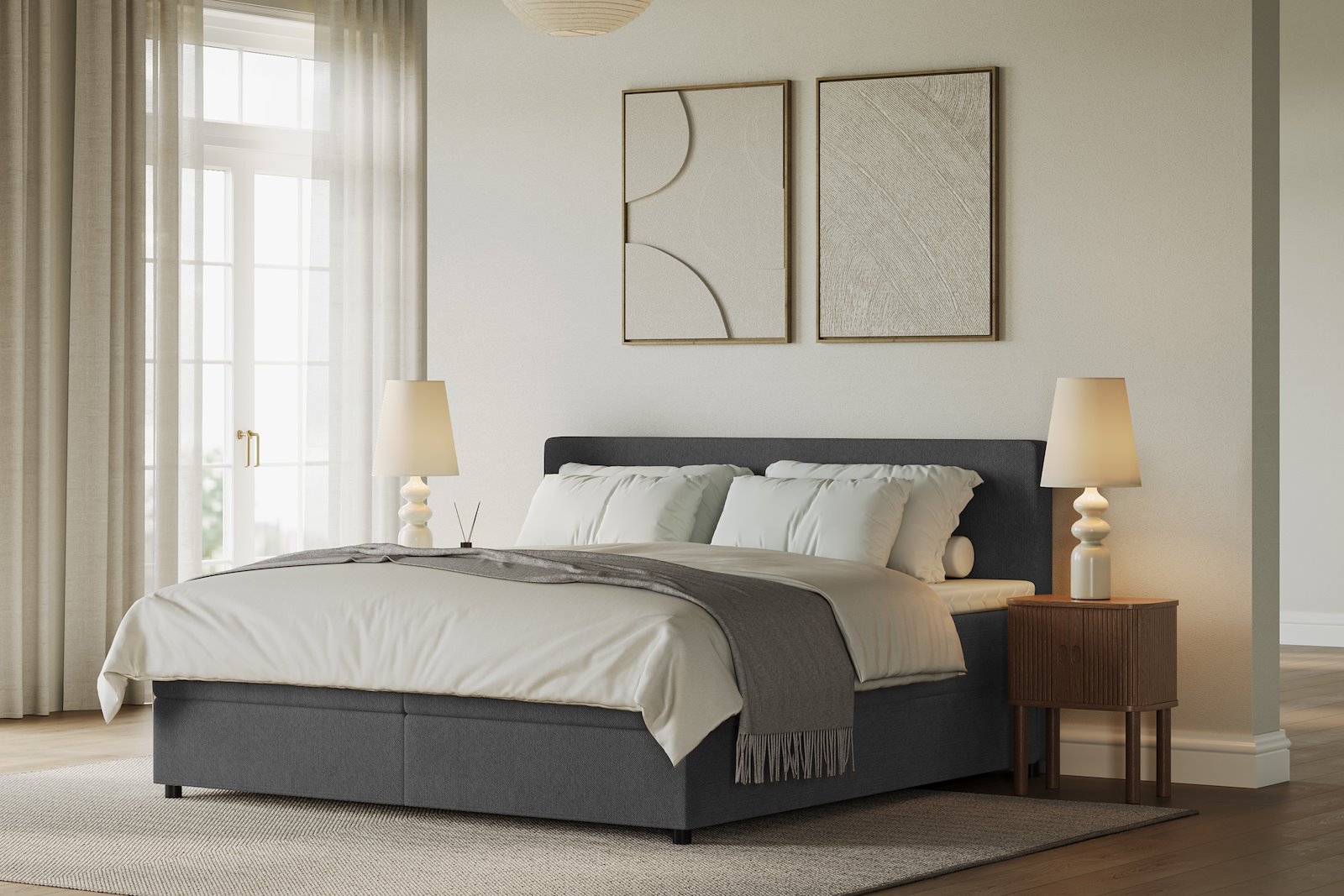 Premium 10 oppbevaringsseng 180x200 cm Magasinseng med oppbevaring, åpnes fra siden. I tekstil terranova 9 grå, med medium fasthetsgrad og premium 10 overmadrass,sorte ben. Sengegavl selges separat.