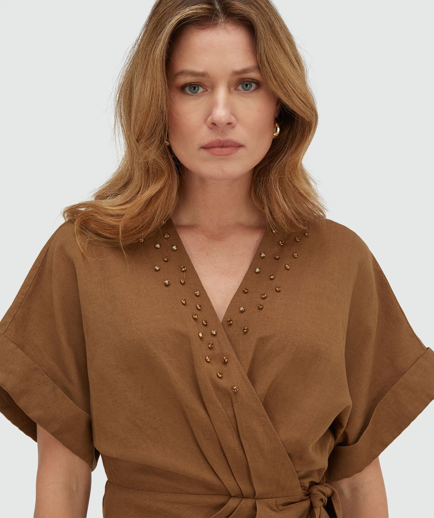 JV-FROUKJE overslagjurk met sierstenen - mocha brown