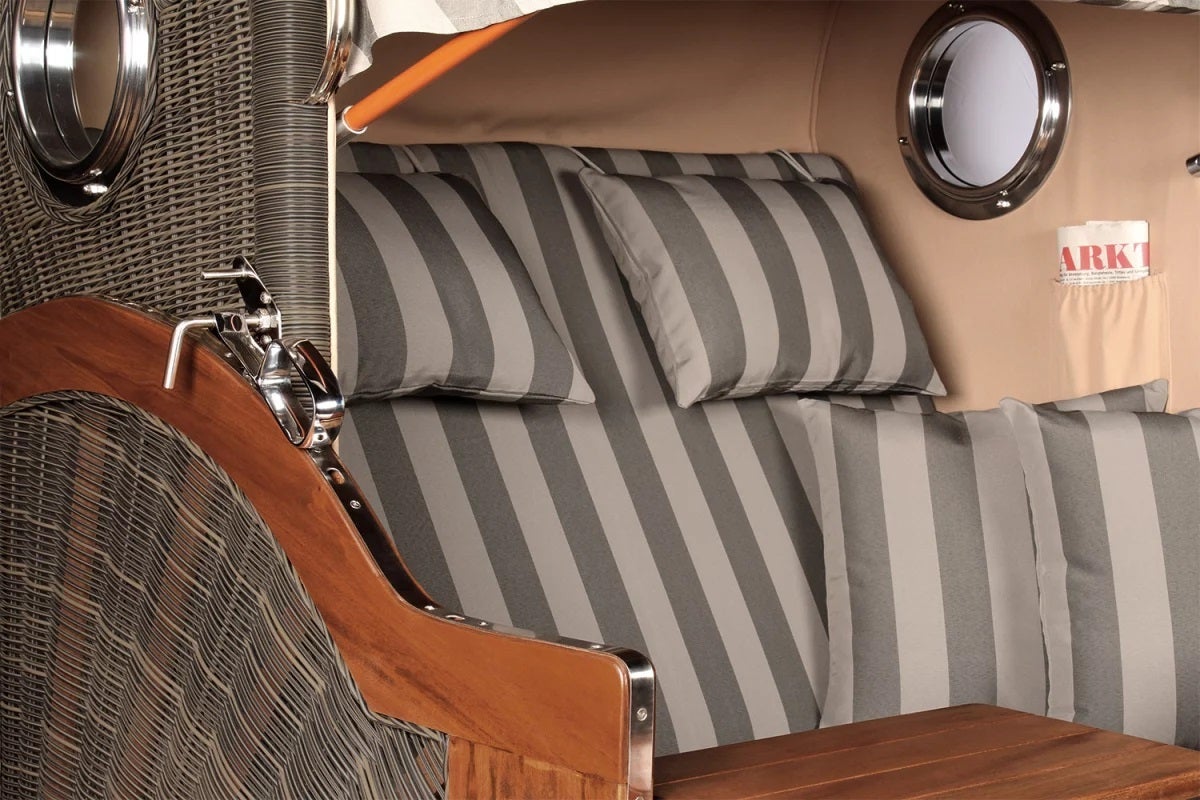 Westerland strandstoel, mahonie, patrijspoort, PE grijs, design 537