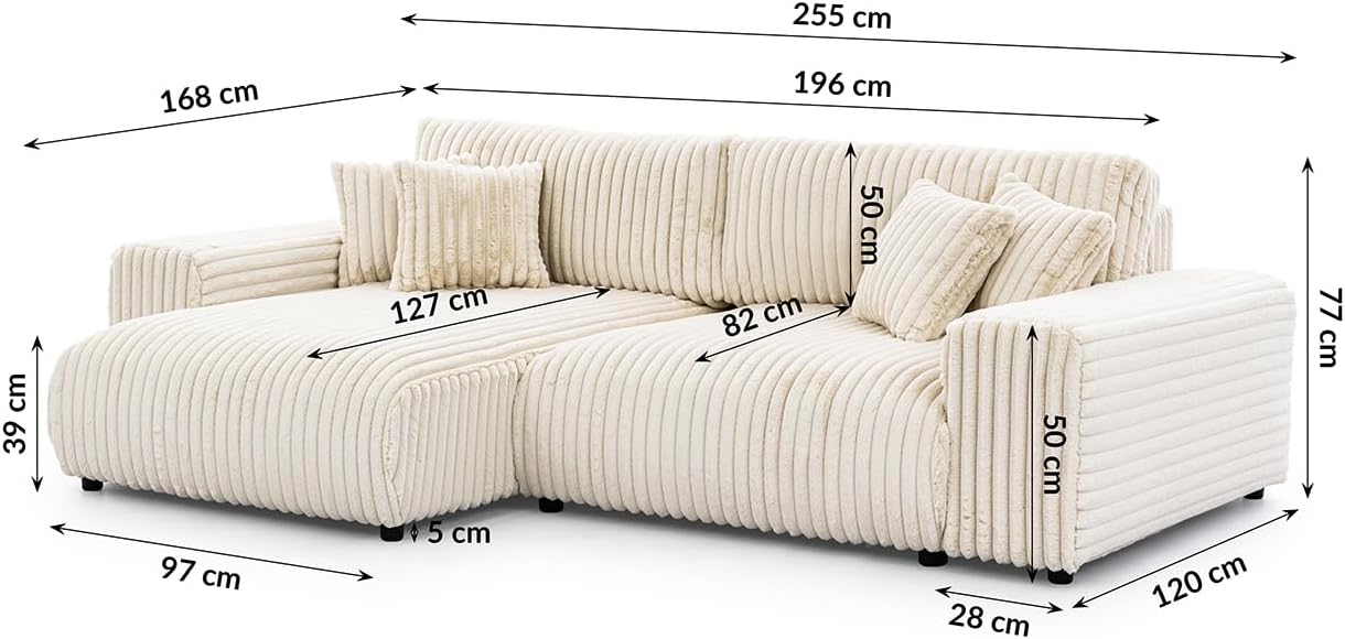 Ecksofa Eckcouch - Sofa mit Schlaffunktion - Schlafsofa - 4 Sitzer L Form Links - Schwarze Füße - Plüschcord - Freistehend - Mollis Hellbeige