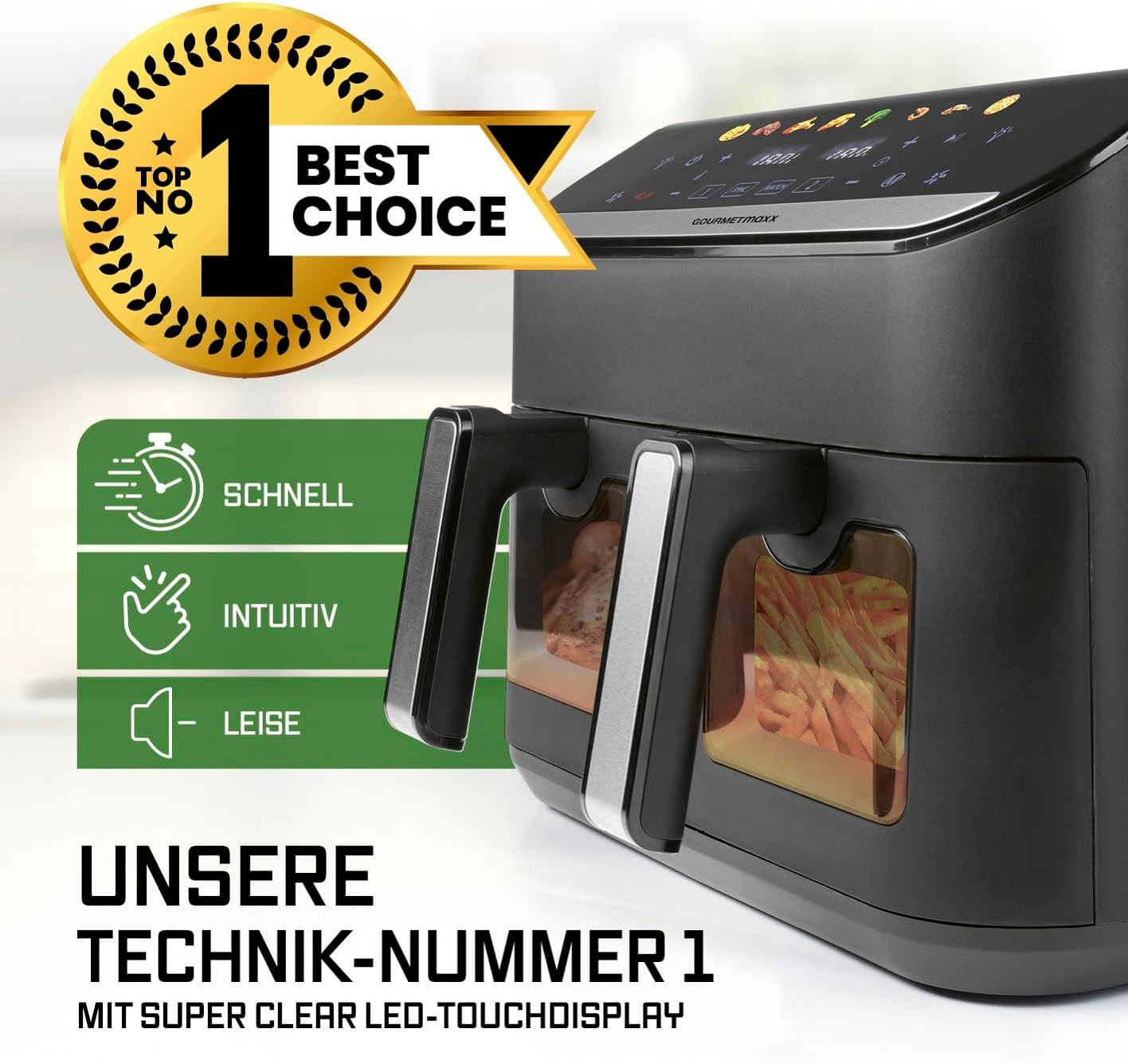 GOURMETmaxx AirGenius Heißluftfritteuse, 9 L - 2 x 4,5 L Airfryer | Fritteuse mit 8 Programmen | Heißluftfritteuse 2 Kammern - 2 Speisen gleichzeitig, für max. 8 Personen | Multi-Color Touchscreen