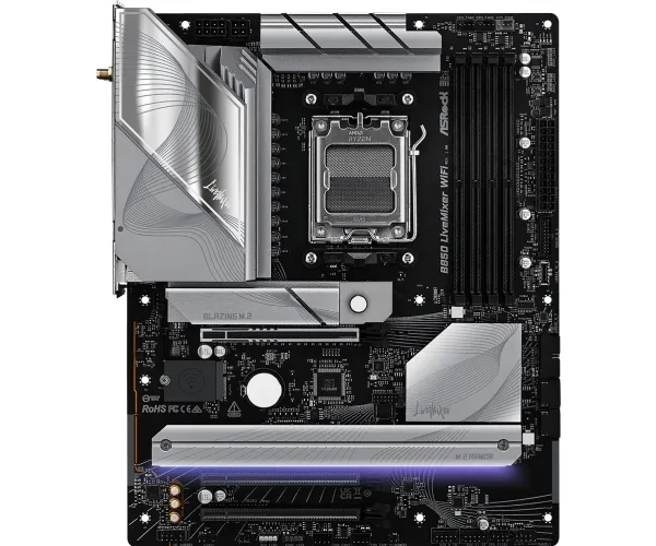 ASRock B850 LIVEMIXER WIFI - Bundkort - ATX - Socket AM5 - AMD B850 Chipset - USB-C 3.2 Gen 2x2, USB-C 3.2 Gen2, USB 3.2 Gen 2, USB 3.2 Gen 1 - Wi-Fi 7, Bluetooth, 2.5 Gigabit LAN - onboard grafik (CPU påkrævet) - HD Audio (8-kanaler)