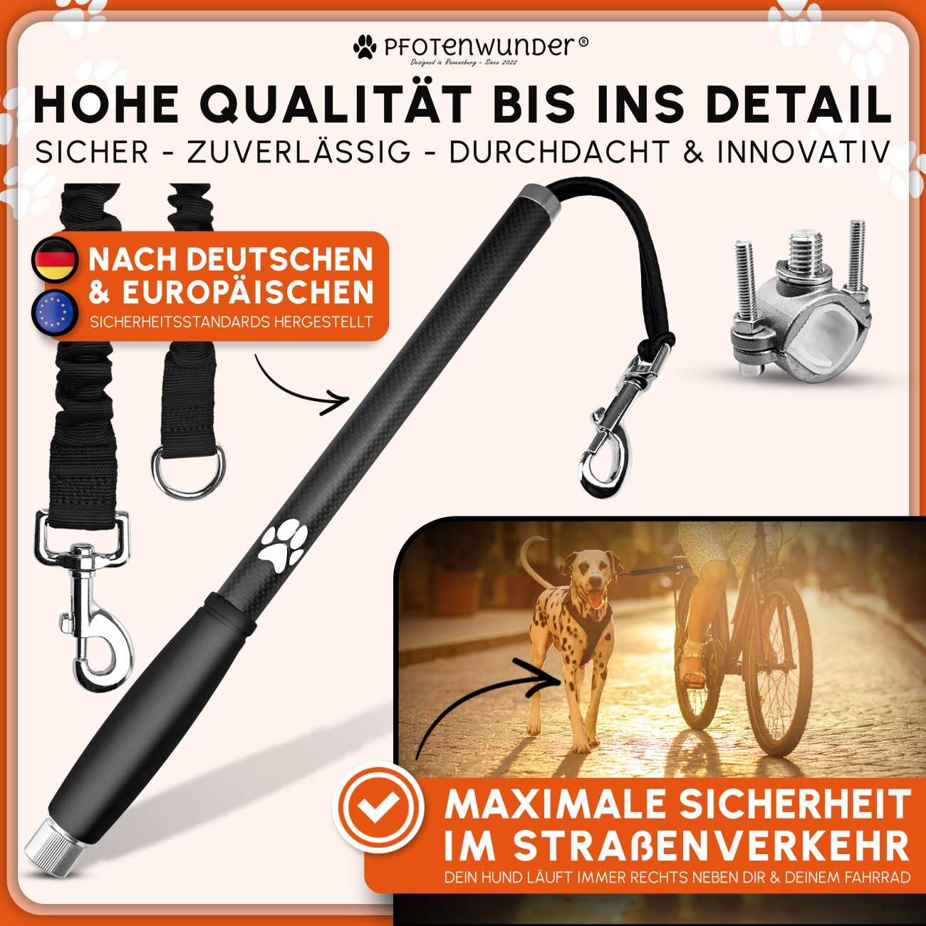 PfotenWunder® Freihandleine Fahrrad für Hunde + 1 elastische Leine & 1 Trainingsbuch, extra dicke 6mm-Leine | Abstandhalter Fahrradhalter aus hochwertige Karbonfasern mit Stoßdämpfern