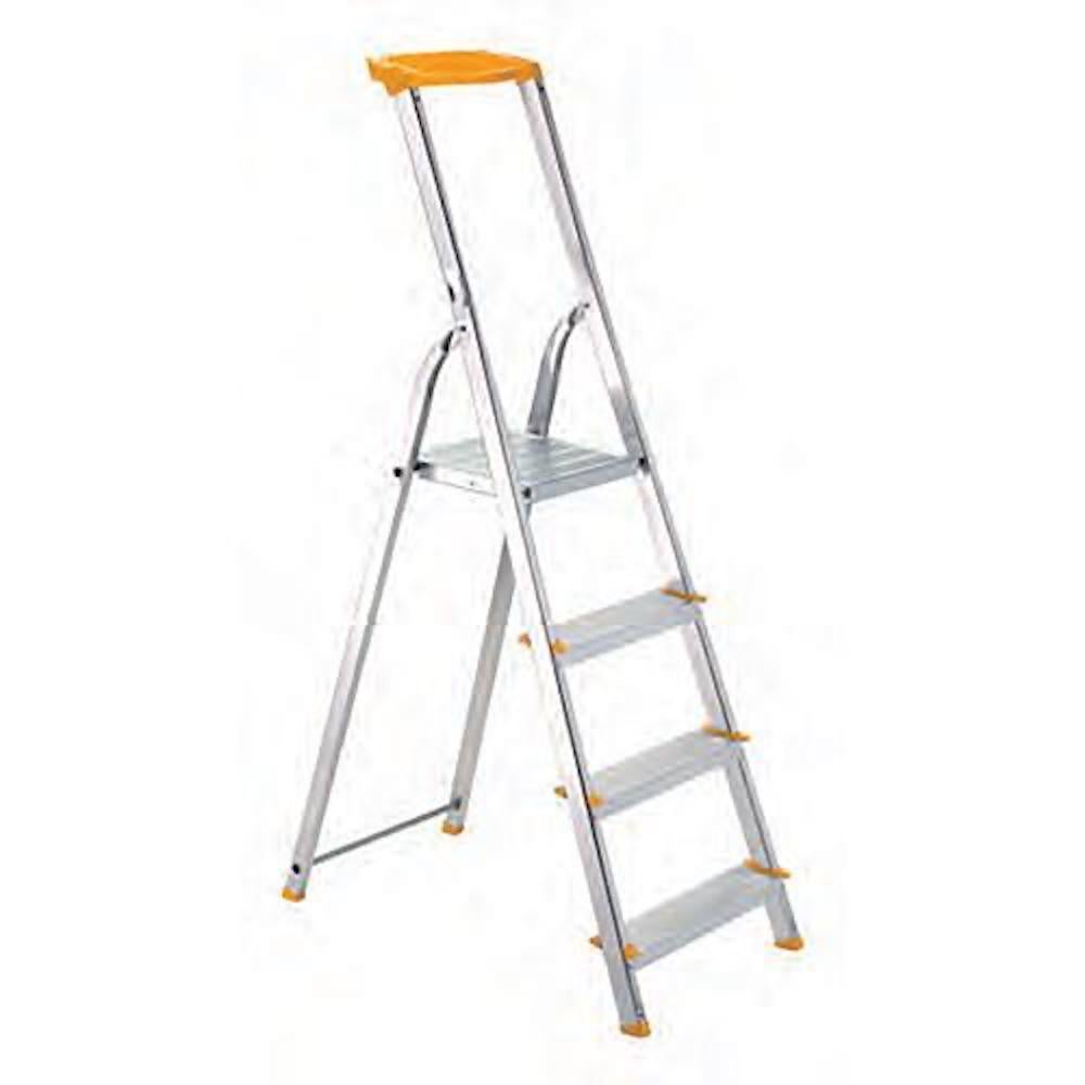 PROREGAL Metalen enkelvoudige giraf enkelzijdige aluminium trapladder met opbergvak, 6 treden, 198 cm hoog, ladder, trapladder, huishoudladder