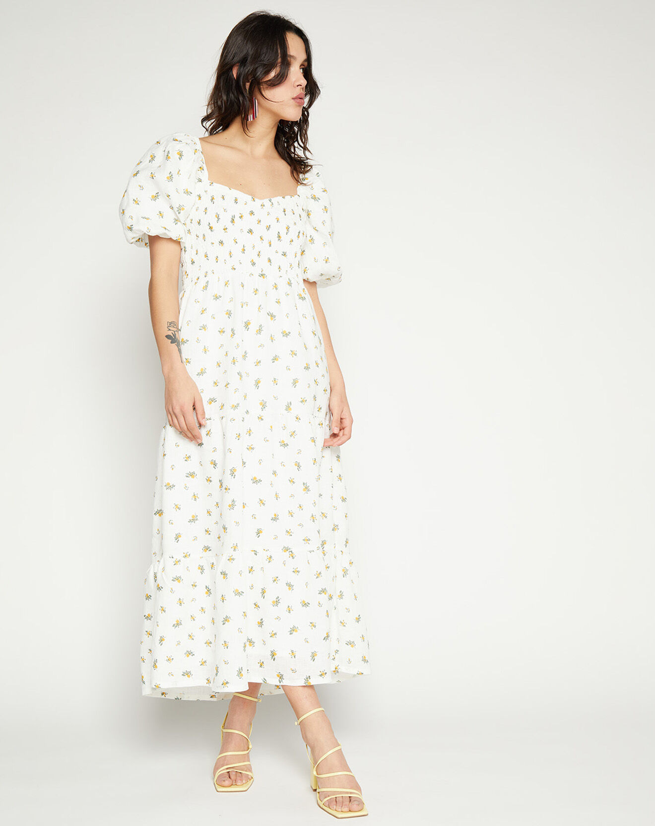 Faithfull the Brand Robe midi 100% Lin Gianna imprimée fleurs écrue